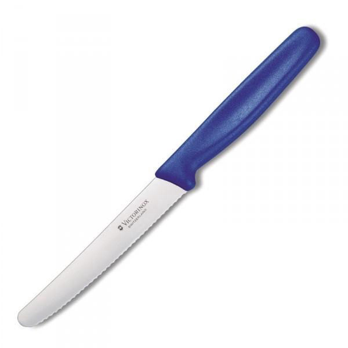 A Victorinox Swiss Classic paring knife with a blue handle and a round, stainless steel blade.