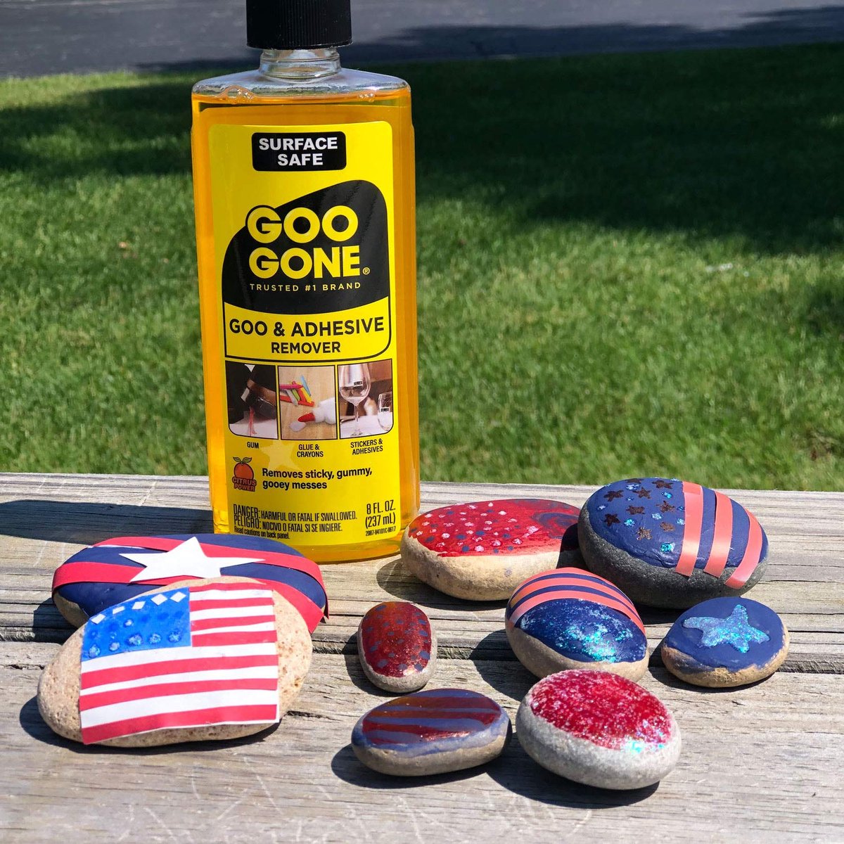 Goo Gone Adhesive Remover cleans gum and tape from surfaces