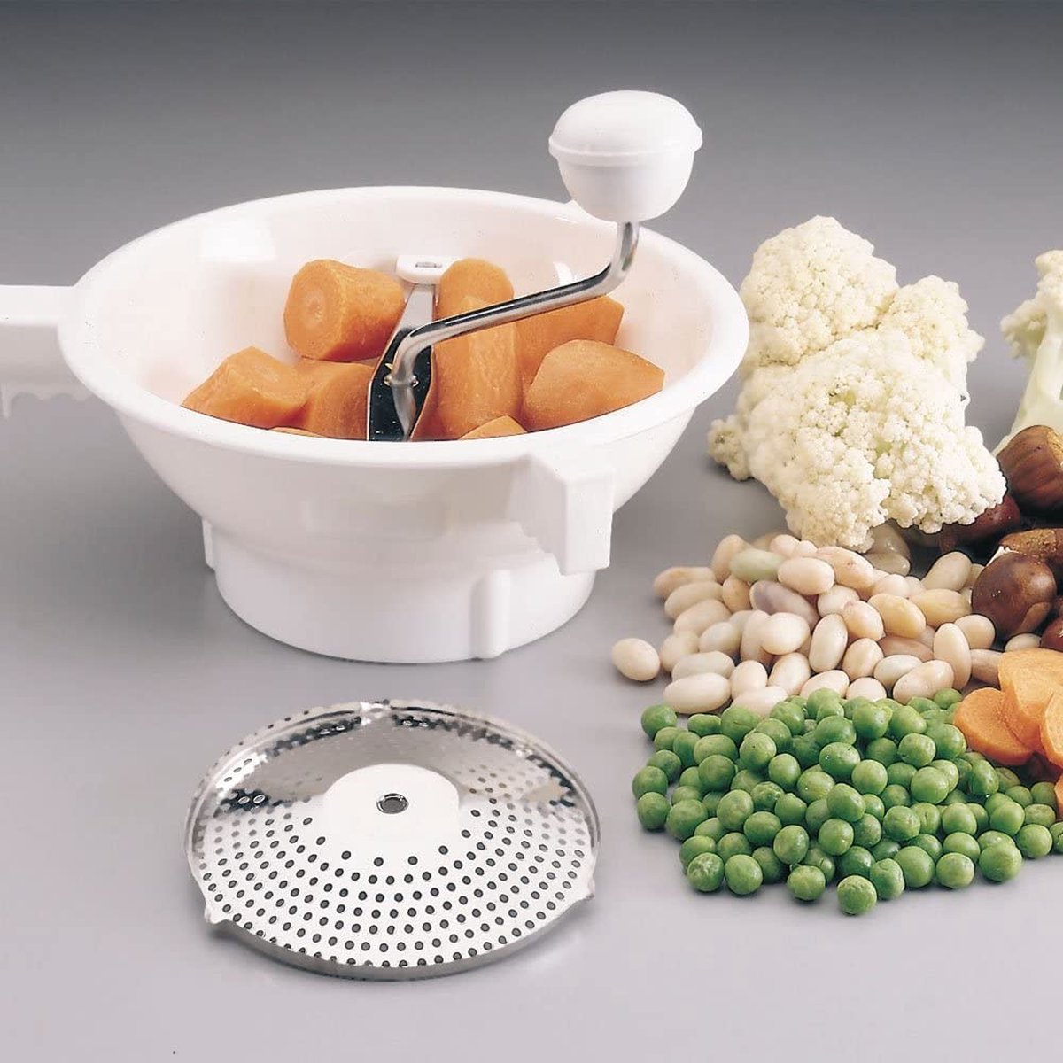 Montini Guerino handmatige groentemolen D.24 met 3 roestvrijstalen verwisselbare schijven, wit