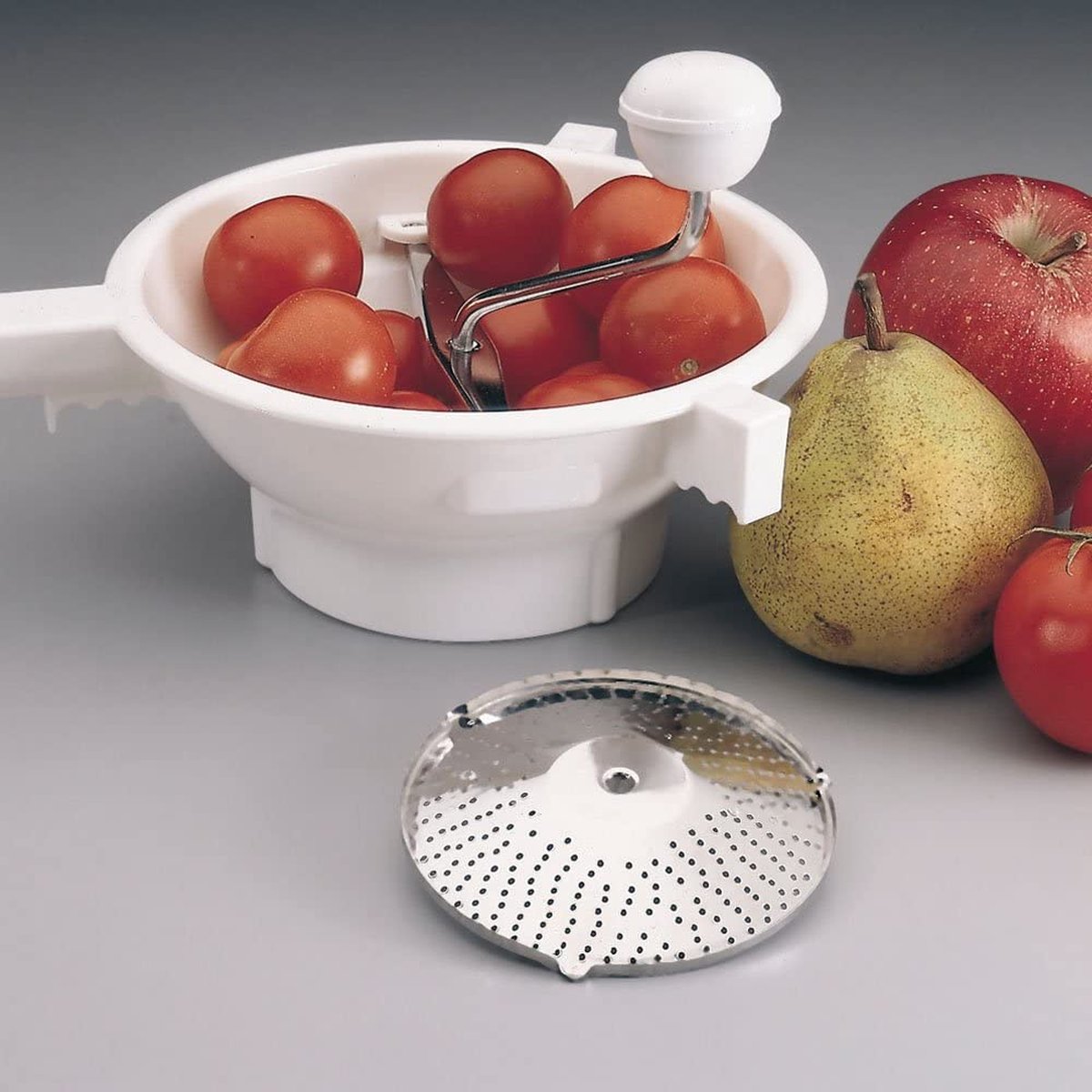 Montini Guerino handmatige groentemolen D.24 met 3 roestvrijstalen verwisselbare schijven, wit