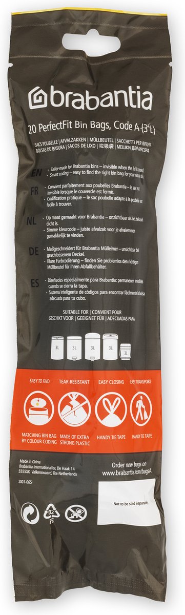 Brabantia PerfectFit Bags, Code A, 3 litre, 20 Bags per Roll - White
