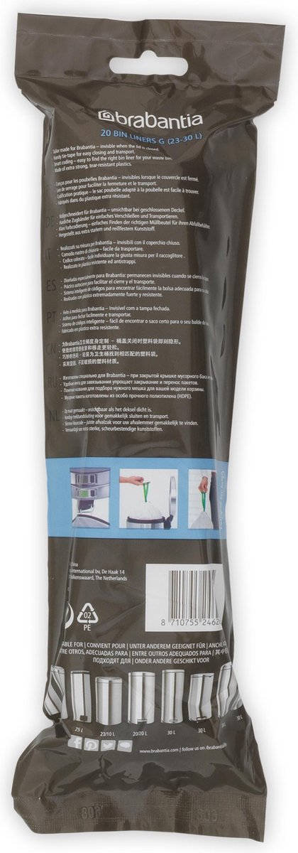 Brabantia PerfectFit Sacs, code G, 23-30 litres, 20 sacs par rouleau - blanc