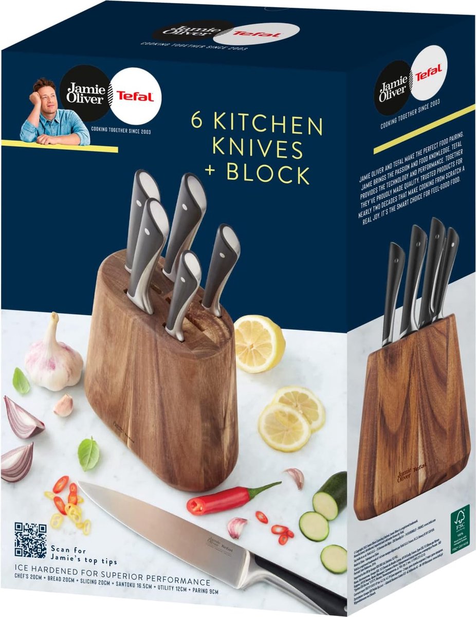 Tefal Jamie Oliver Messer Set 6 -teilig - einschließlich Messerblock - Holz/Edelstahl
