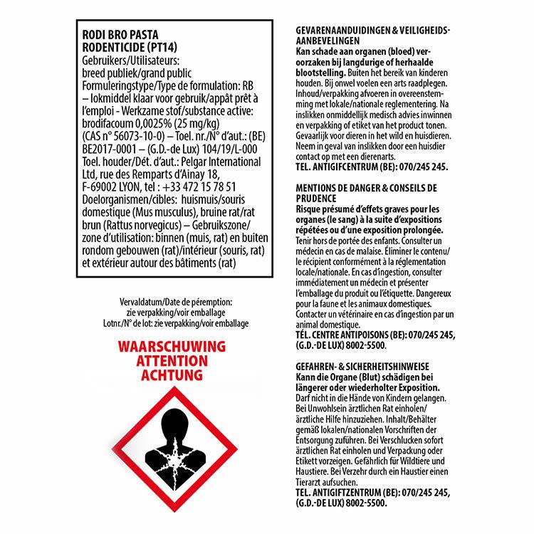 Pest control product label with text and warning symbols on a white background