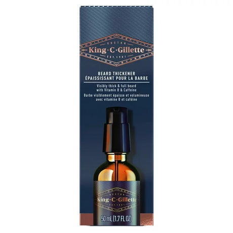 A bottle of  serum with a label indicating it is a bottle of King C. Gillette beard thickener care product, 50 ml in size, with ingredients such as Vitamin B3, Panthenol, argan oil, and caffeine.