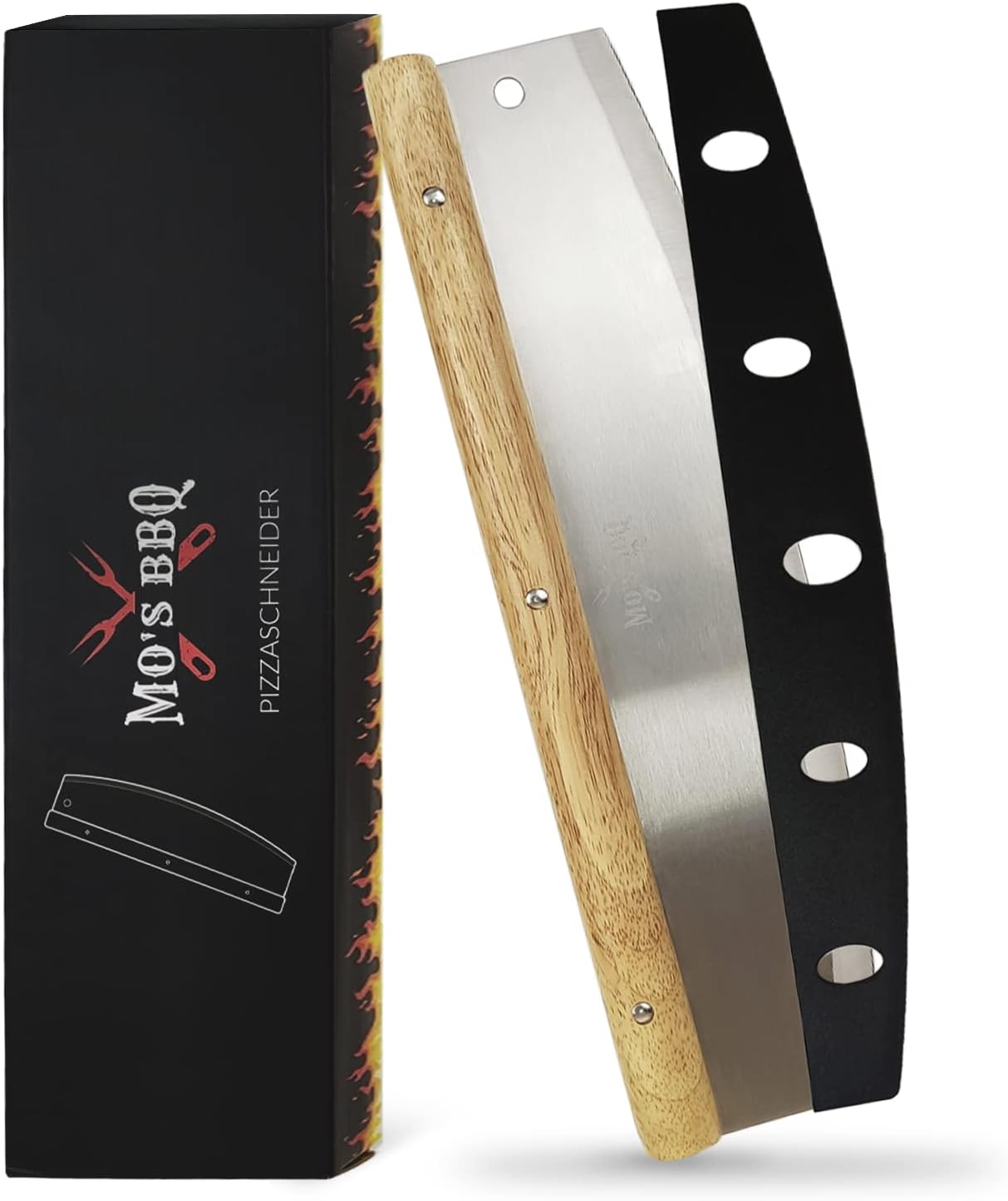 MO'S BBQ Pizza Cutter 35 cm - acier inoxydable avec une poignée en bois élégante - avec gardien de lame