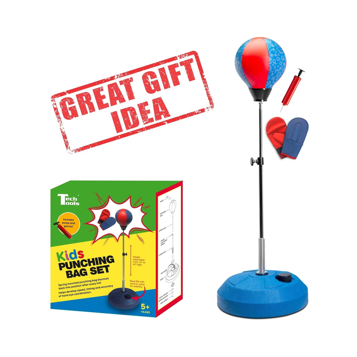 TechTools Kids Punching Bag with Stand – Adjustable Reflex Boxing Set for Ages 3–8