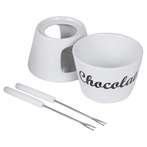 Chocoladefondueset van 4 stuks, keramische smeltkroes, theelichtje verwarmd, 2 vorken