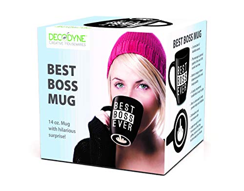 Decodyne Grappige koffiemok, met middelvinger aan de onderkant - Grappige cadeaus Nieuwigheidsmokken 414 Ml. (Beste baas ooit)