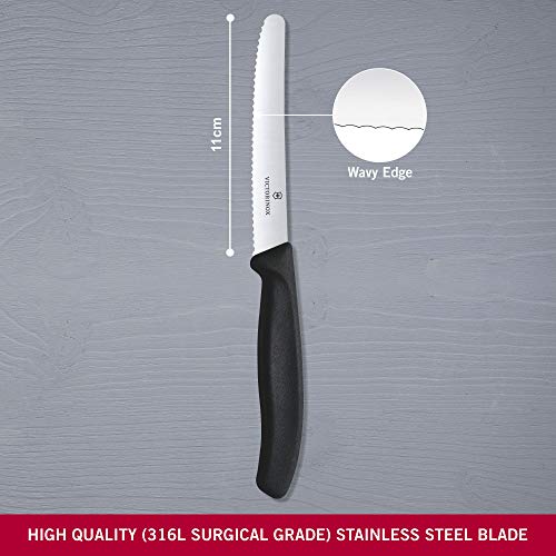 Victorinox Paring Knife With Ultra-Sharp Wavy Edge - Swiss Classic Tomato & Sausage Knife - Black - Blade 11 Cm
