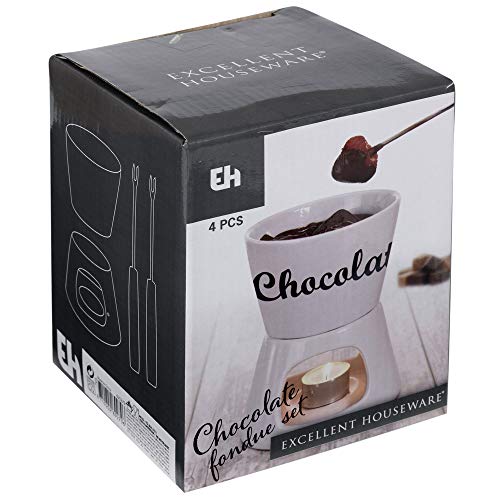 Chocoladefondueset van 4 stuks, keramische smeltkroes, theelichtje verwarmd, 2 vorken
