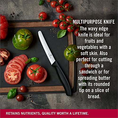 Victorinox Paring Knife With Ultra-Sharp Wavy Edge - Swiss Classic Tomato & Sausage Knife - Black - Blade 11 Cm