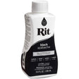 A bottle of Rit Liquid Dye in black color with a white label, showing the product name and usage information.