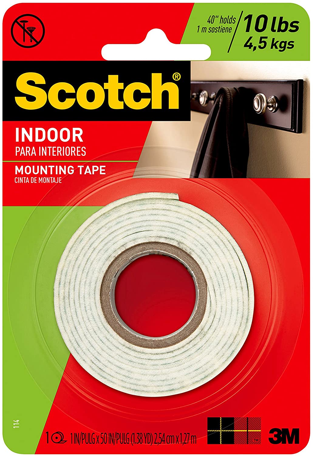 Scotch Indoor Mounting Tape 2.54 Cm X 1.27 M White Holds 4 Lb. 4.5 G