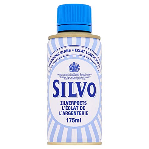 A bottle of Silvo metal polish liquid with a blue cap and label featuring the brand name and the volume of 175 ml.