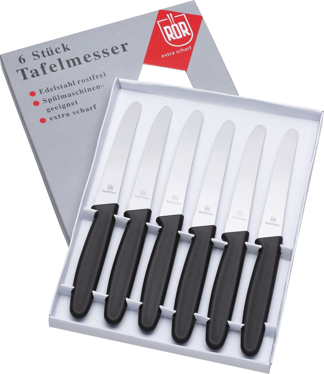 Table knife set 6 pieces black plastic handle In cardboard box