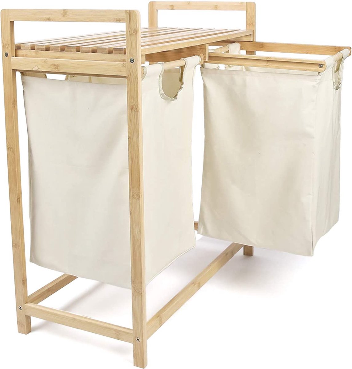 Laundry Basket  2 Pull-Out Laundry Bags Compartments And Shelf - Bamboo Laundry Sorter - Made Of 100% Cotton - 64 X 33 X 73 Cm