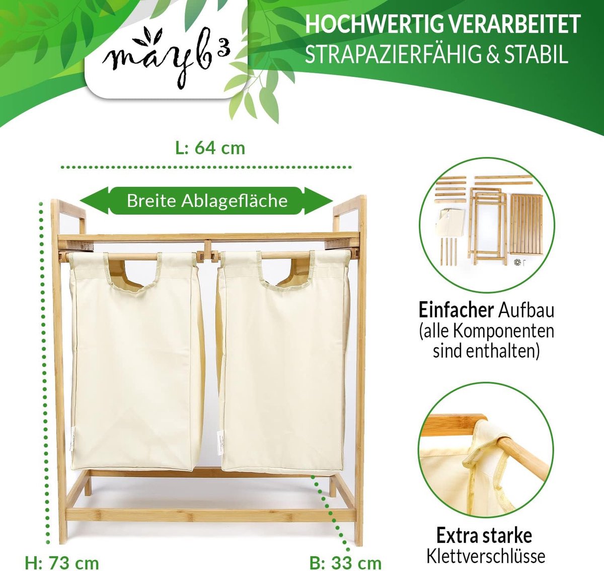 Laundry Basket  2 Pull-Out Laundry Bags Compartments And Shelf - Bamboo Laundry Sorter - Made Of 100% Cotton - 64 X 33 X 73 Cm