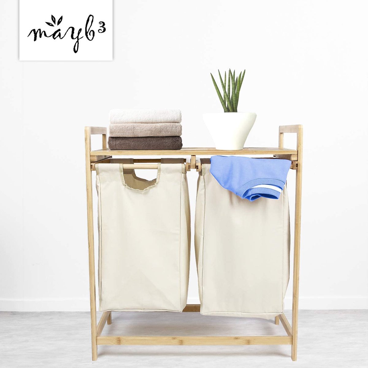 Laundry Basket  2 Pull-Out Laundry Bags Compartments And Shelf - Bamboo Laundry Sorter - Made Of 100% Cotton - 64 X 33 X 73 Cm