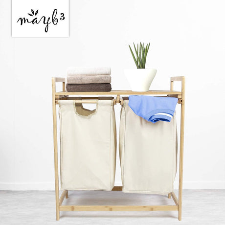 Laundry Basket  2 Pull-Out Laundry Bags Compartments And Shelf - Bamboo Laundry Sorter - Made Of 100% Cotton - 64 X 33 X 73 Cm