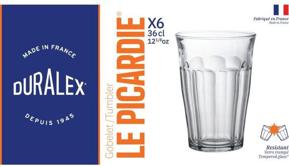 Duralex Picardie longue boisson verre 360 ​​ml - verre trempé - 6 morceaux