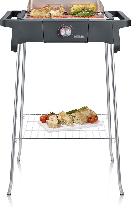 Severin Style Evo elektrische barbecue met onderstel en opbergrek, rechtopstaande grill met snelle grillstart tot 350 °C, zwart