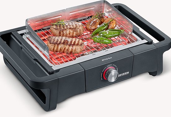 Severin Style Evo elektrische barbecue met onderstel en opbergrek, rechtopstaande grill met snelle grillstart tot 350 °C, zwart