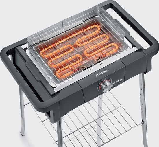 Severin Style Evo elektrische barbecue met onderstel en opbergrek, rechtopstaande grill met snelle grillstart tot 350 °C, zwart