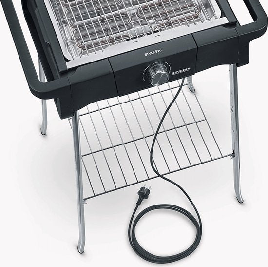 Severin Style Evo elektrische barbecue met onderstel en opbergrek, rechtopstaande grill met snelle grillstart tot 350 °C, zwart