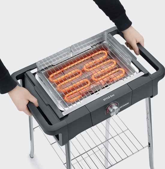 Severin Style Evo elektrische barbecue met onderstel en opbergrek, rechtopstaande grill met snelle grillstart tot 350 °C, zwart