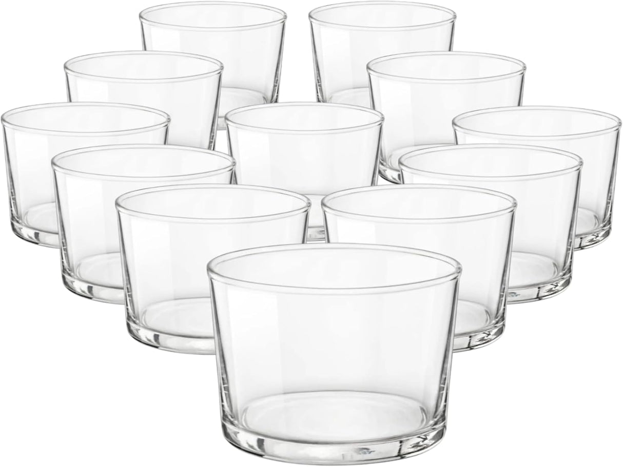 Bormioli Rocco Essential Decor Glassware – Set Of 12 Mini 7.5 Ounce Drinking Glasses For Water, Beverages ,Cocktails & Candle Holders – 7.5oz Clear Tempered Glass Tumblers
