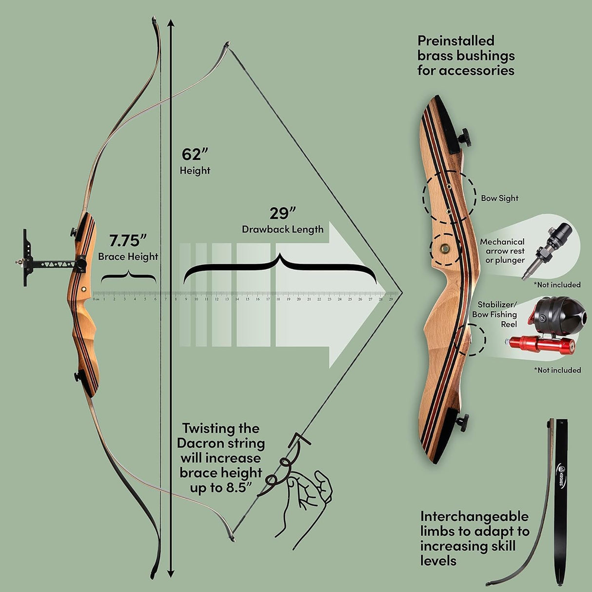 Keshes Takedown Hunting Recurve Bow und Pfeil - 62 "Bogenschützen für Teenager und Erwachsene, Bogenschießen Set BowString Arrow Rest Stringer Werkzeugansicht