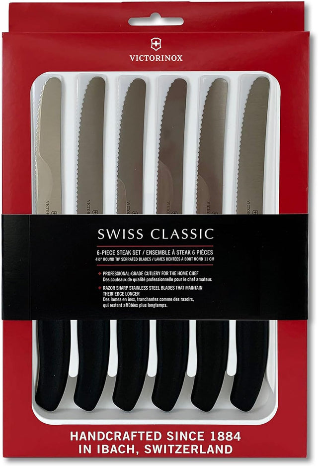 Victorinox Swiss Classic steak knife set packaging on a red background