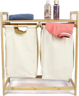 Laundry Basket  2 Pull-Out Laundry Bags Compartments And Shelf - Bamboo Laundry Sorter - Made Of 100% Cotton - 64 X 33 X 73 Cm