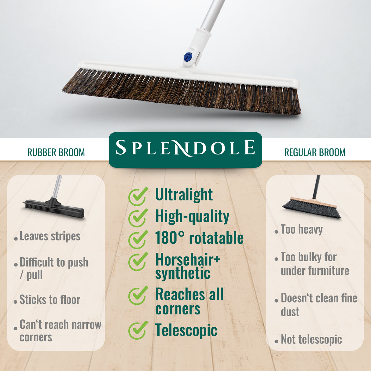 Splendole Broom - Broom with Handle Inside - 45cm Wide - Telescopic Handle - Ultra Light - Soft Horsehair Blend