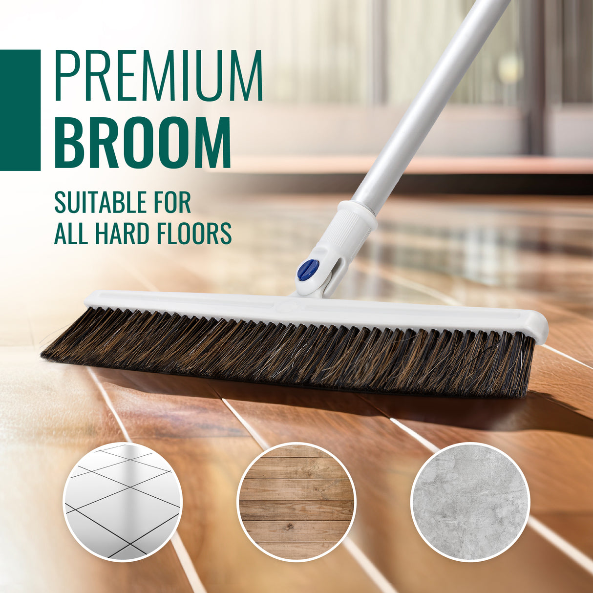 Splendole Broom - Broom with Handle Inside - 45cm Wide - Telescopic Handle - Ultra Light - Soft Horsehair Blend