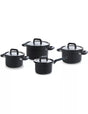 Set of black cookware pots with lids on a white background