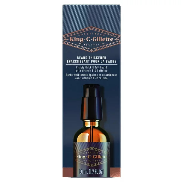 A bottle of  serum with a label indicating it is a bottle of King C. Gillette beard thickener care product, 50 ml in size, with ingredients such as Vitamin B3, Panthenol, argan oil, and caffeine.