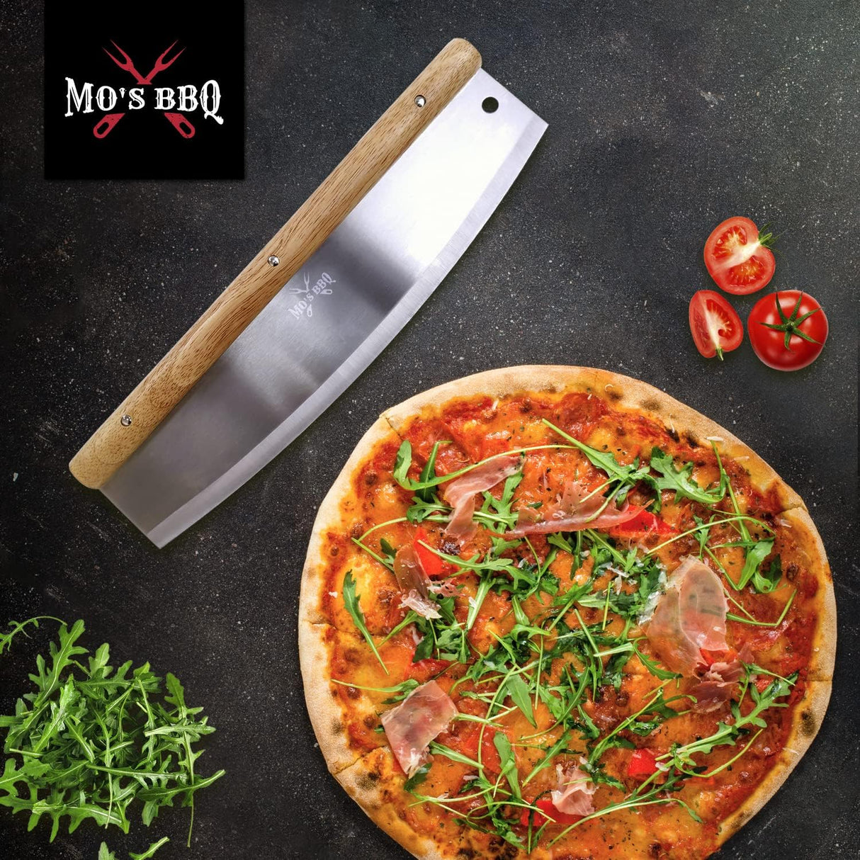 MO'S BBQ Pizza Cutter 35 cm - Stainless Steel with Elegant Wooden Handle - with Blade Guard