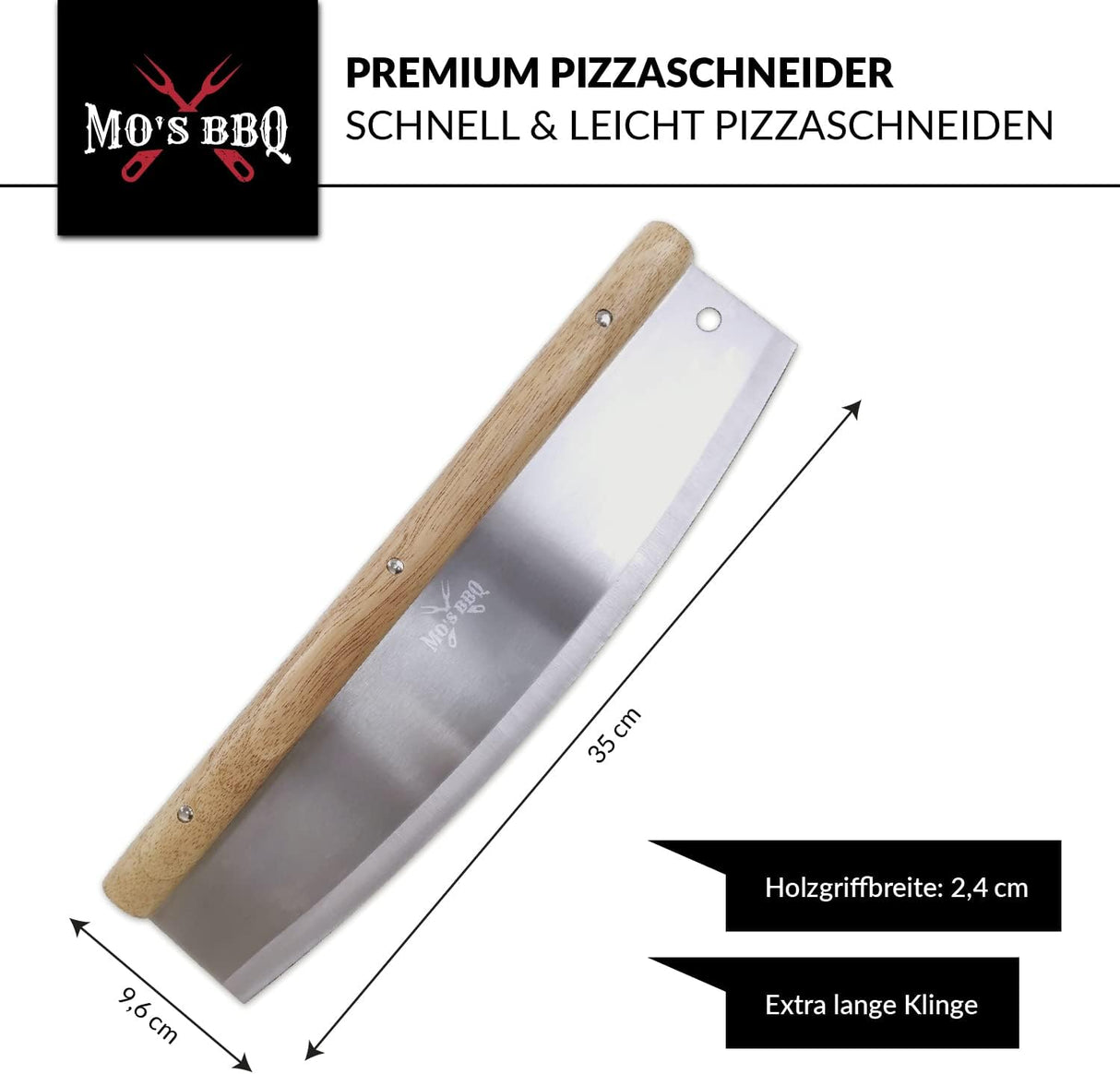 MO'S BBQ Pizza Cutter 35 cm - Stainless Steel with Elegant Wooden Handle - with Blade Guard