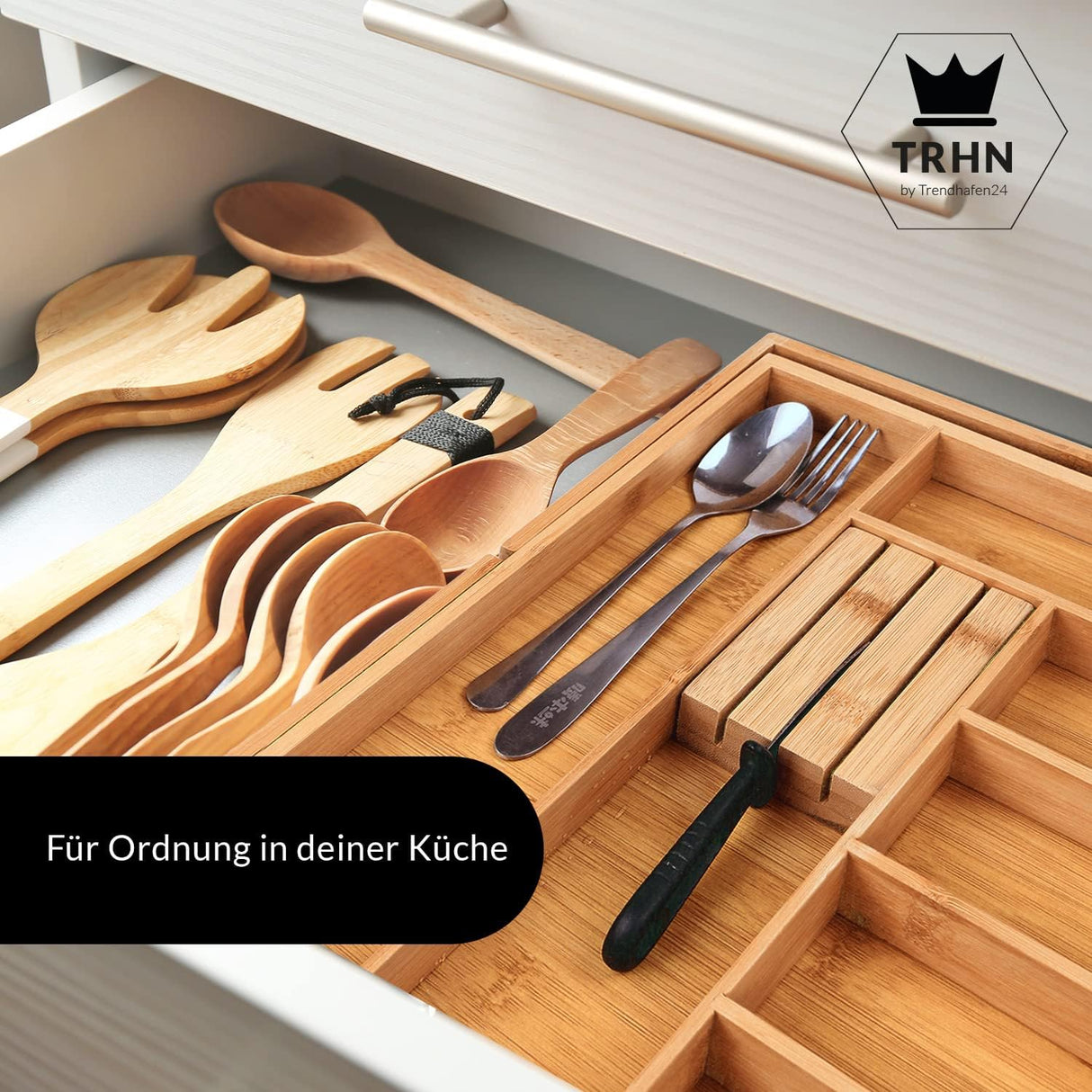 Trendhafen24 Bamboo Cutlery Tray for Drawers (7-9 Compartments) Adjustable Drawer Insert