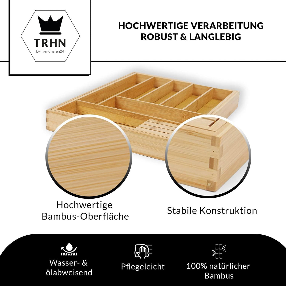 Trendhafen24 Bamboo Cutlery Tray for Drawers (7-9 Compartments) Adjustable Drawer Insert