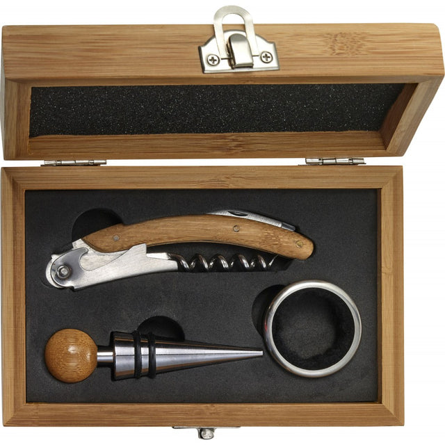 Wine opener set with wooden handle in a wooden box