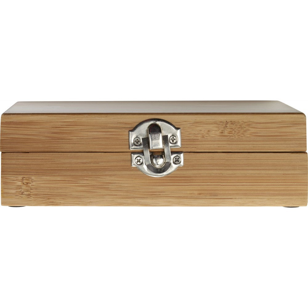 Wooden box with a silver latch on a white background