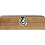 Wooden box with a silver latch on a white background