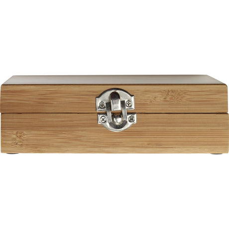 Wooden box with a silver latch on a white background
