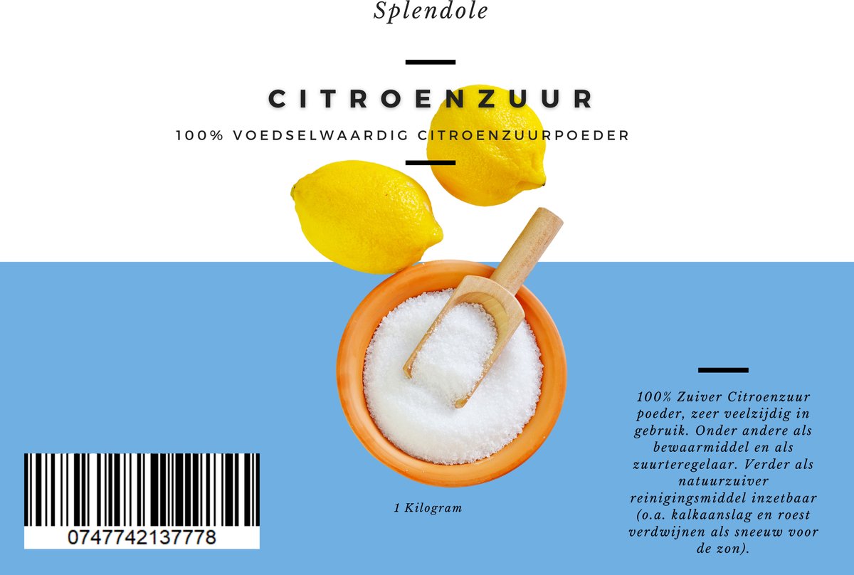 Citric acid - 100% citric acid powder - food grade -1KG - White (Citroenzuur)