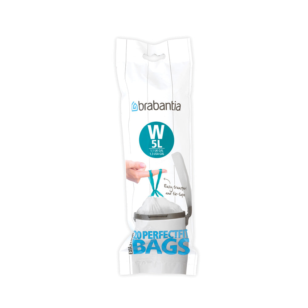 Sacs Brabantia PerfectFit, code W, 5 litres, 20 sacs par rouleau - blanc