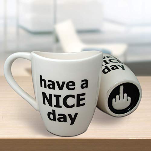 Decodyne Have a Nice Day Coffee Mug, Funny Cup with Middle Finger on the Bottom 400 ml (14 oz) white