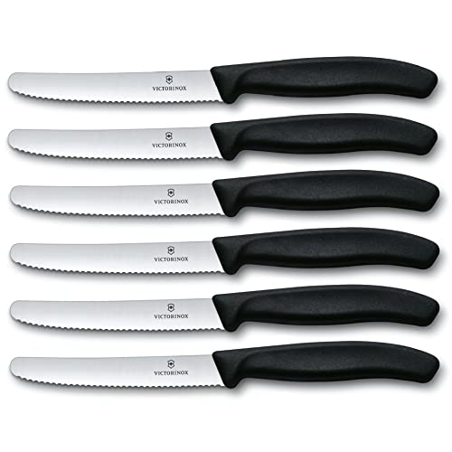 Victorinox Tafelmesser-Set mit Wellenschliffklingen – Swiss Classic Tomaten- und Tafelmesser-Set, 6-teilig – Schwarz – Klinge 11 cm